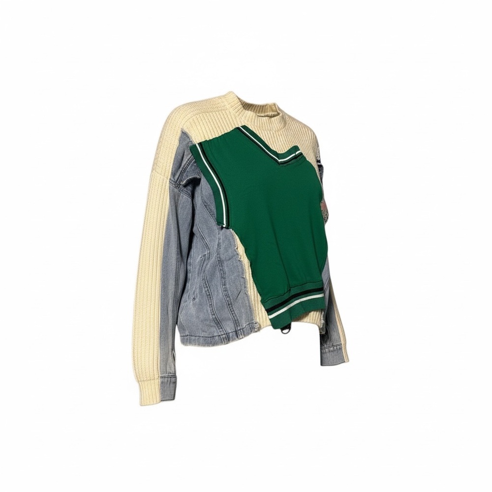 AKIRA Green and Cream Patchwork Sweater Cardigan